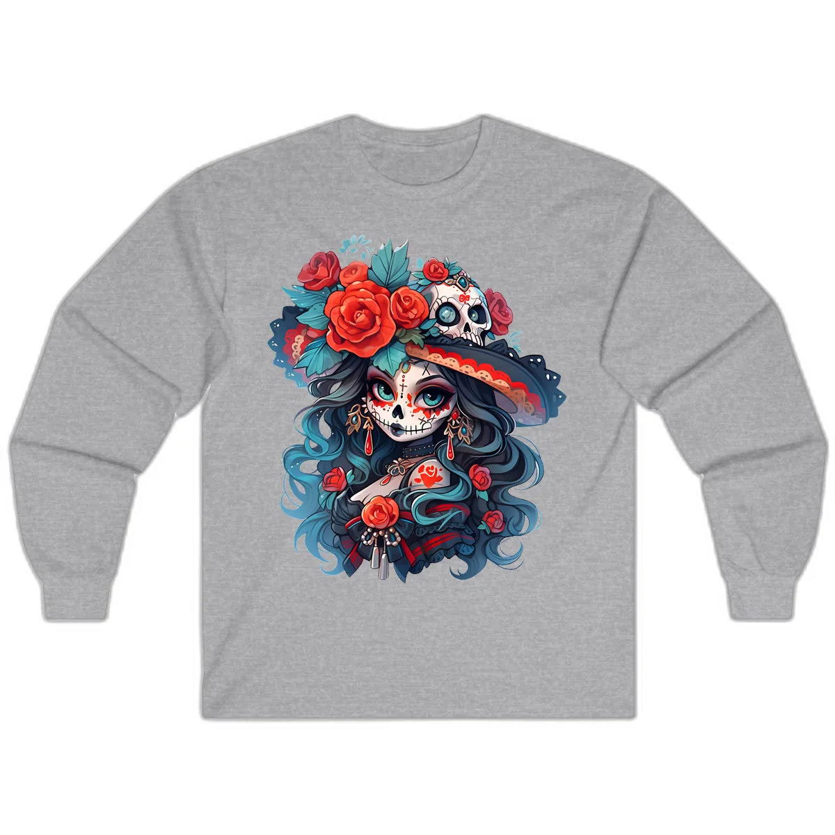 Calavera Empress with Roses and Skull Hat Long Sleeve in Sport Grey