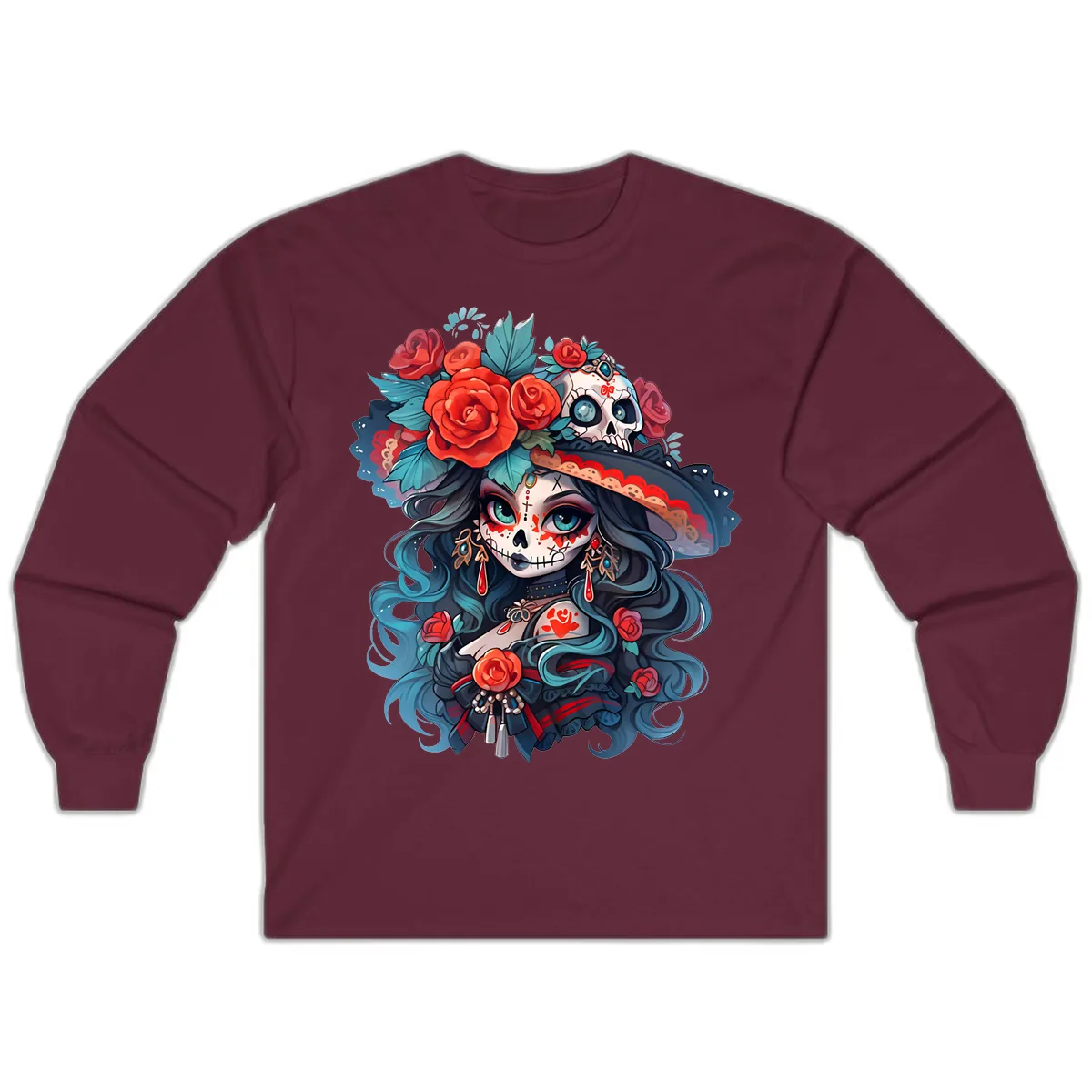 Calavera Empress with Roses and Skull Hat Long Sleeve in Maroon