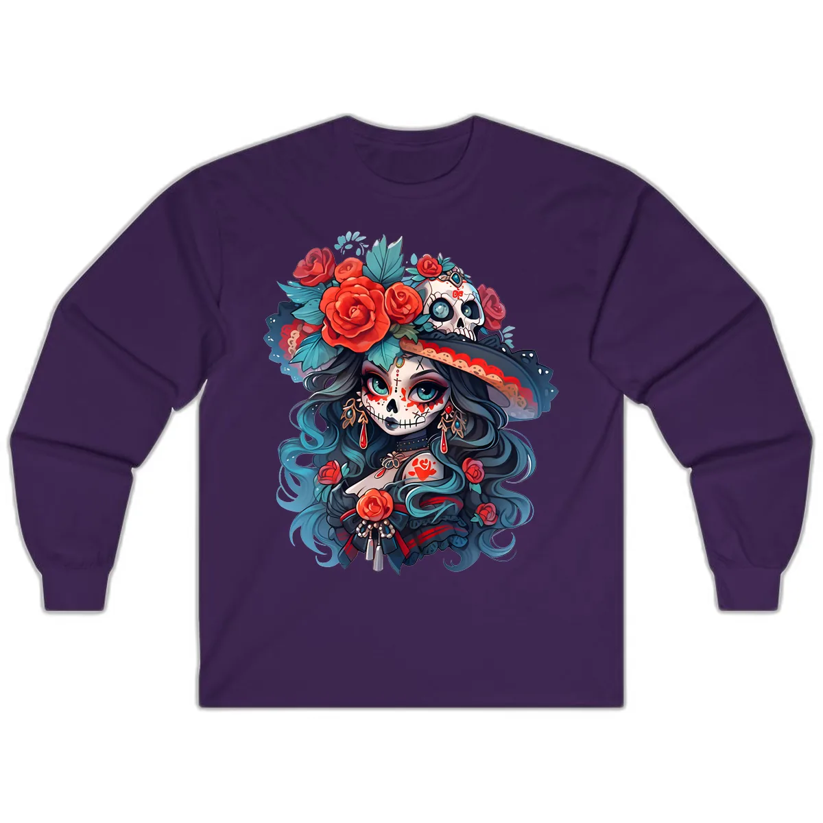 Calavera Empress with Roses and Skull Hat Long Sleeve in Purple