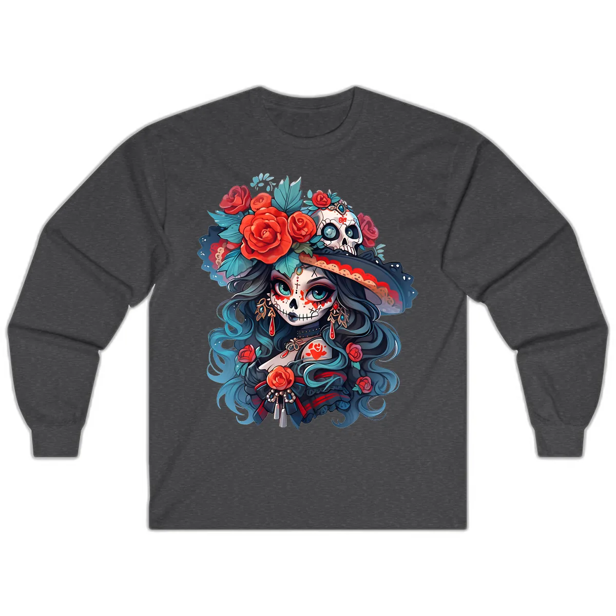 Calavera Empress with Roses and Skull Hat Long Sleeve in Dark Heather