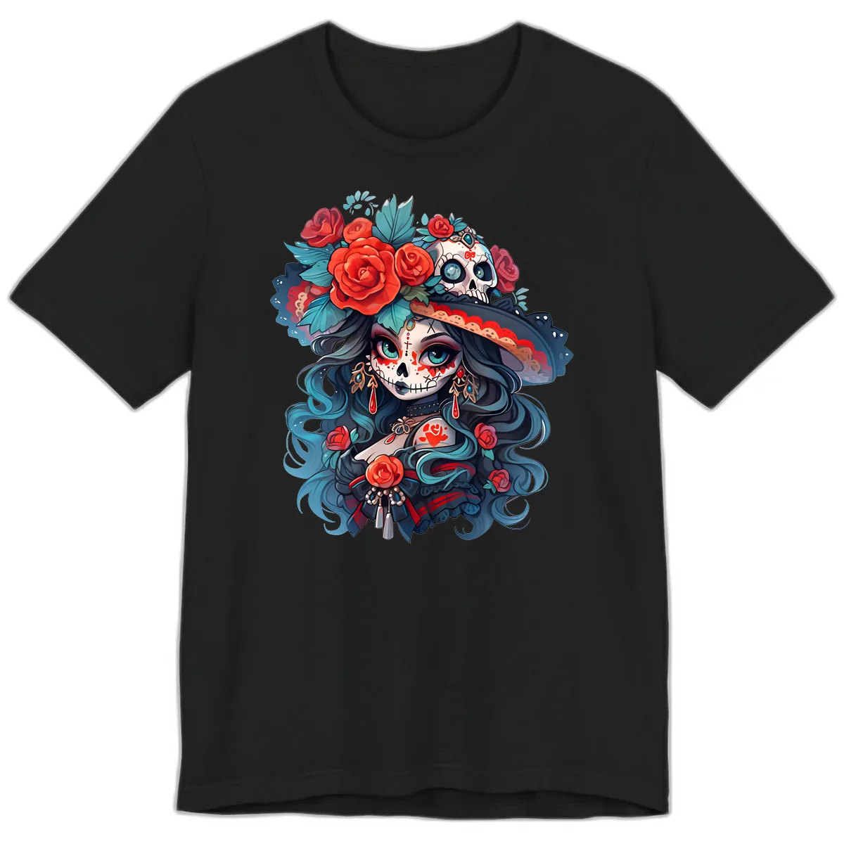 Calavera Empress with Roses and Skull Hat Premium T-Shirt in Black