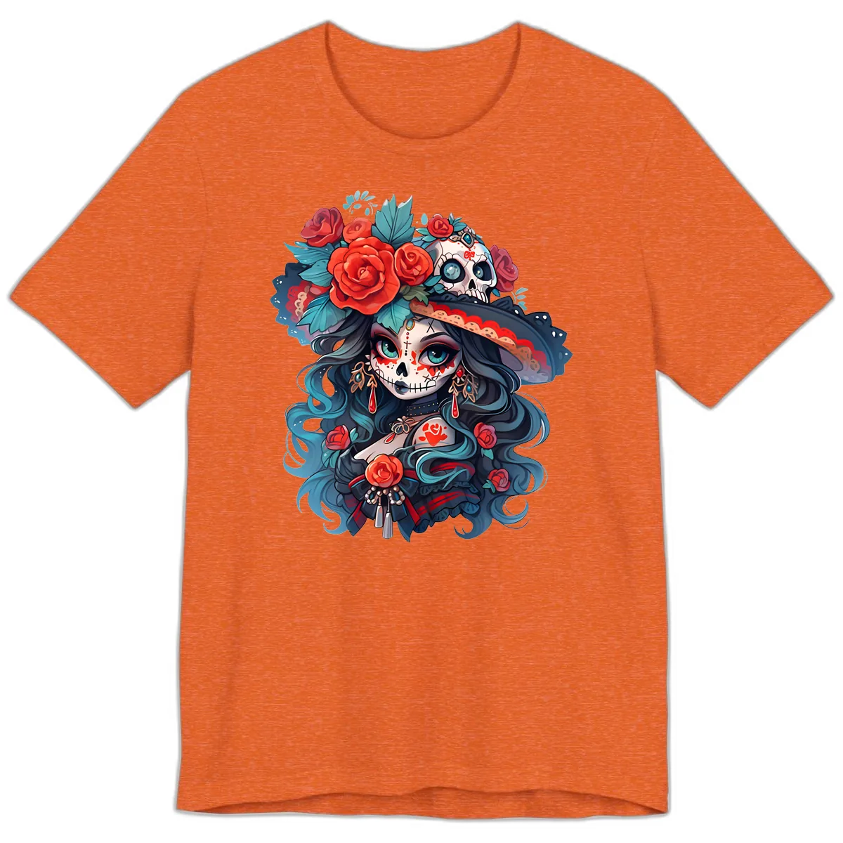Calavera Empress with Roses and Skull Hat Premium T-Shirt in Heather Orange