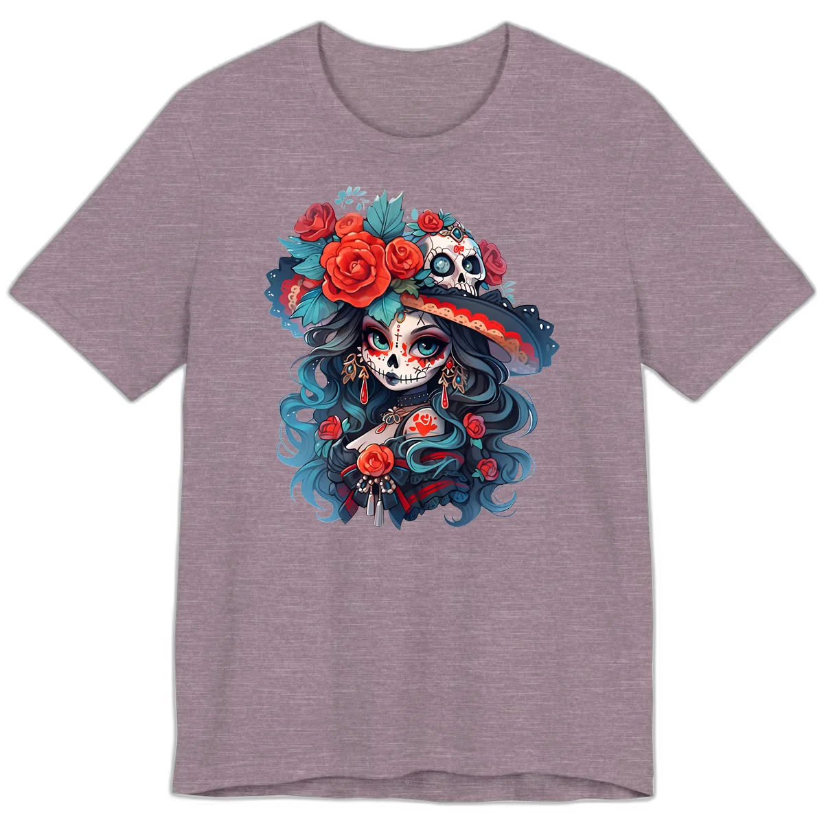 Calavera Empress with Roses and Skull Hat Premium T-Shirt in Heather Purple