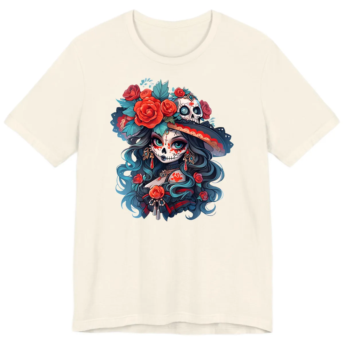 Calavera Empress with Roses and Skull Hat Premium T-Shirt in Natural