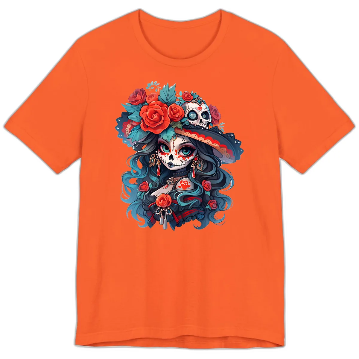 Calavera Empress with Roses and Skull Hat Premium T-Shirt in Orange
