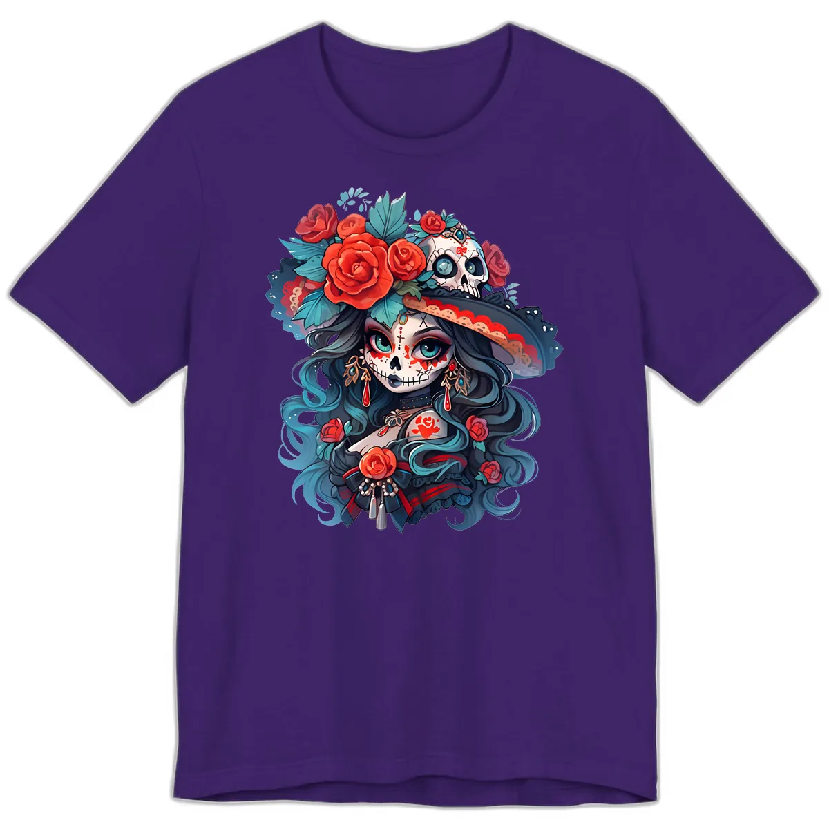 Calavera Empress with Roses and Skull Hat Premium T-Shirt in Team Purple