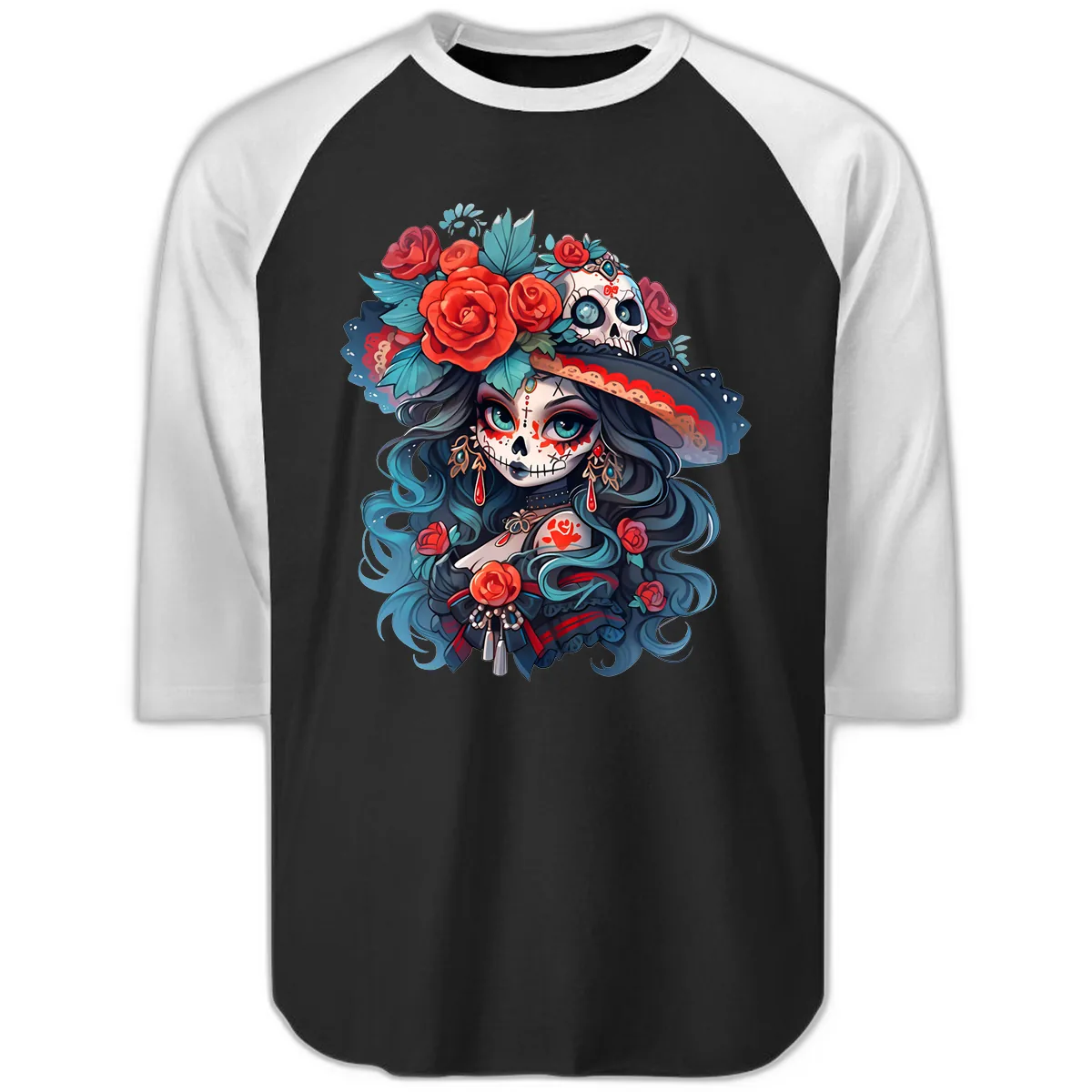 Calavera Empress with Roses and Skull Hat Raglan 3/4 in Black White