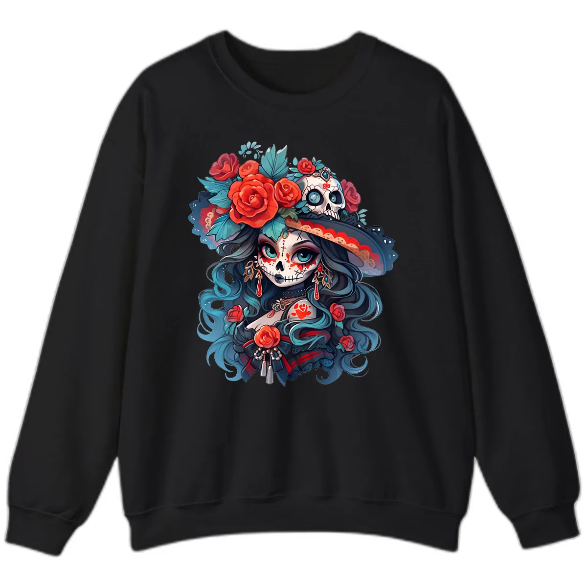 Calavera Empress with Roses and Skull Hat Sweatshirt in Black