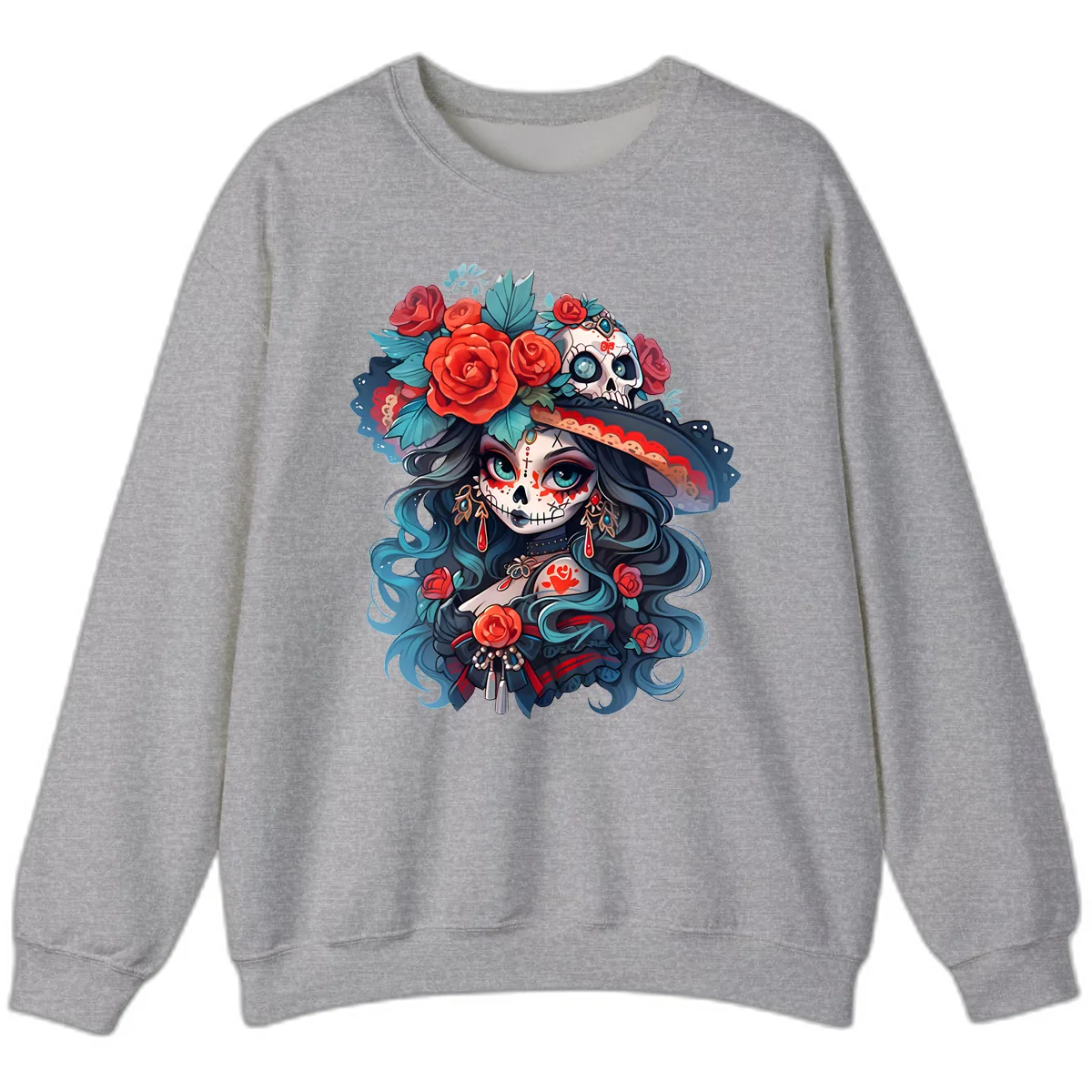 Calavera Empress with Roses and Skull Hat Sweatshirt in Sport Grey