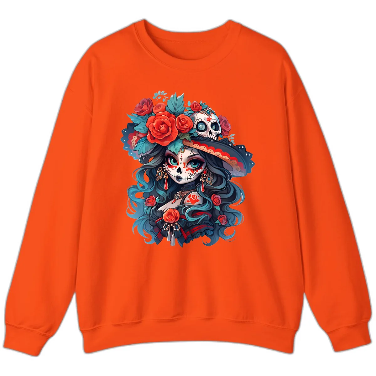 Calavera Empress with Roses and Skull Hat Sweatshirt in Orange