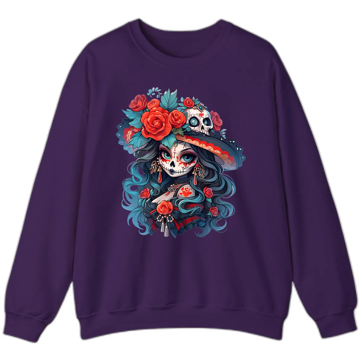 Calavera Empress with Roses and Skull Hat Sweatshirt in Purple