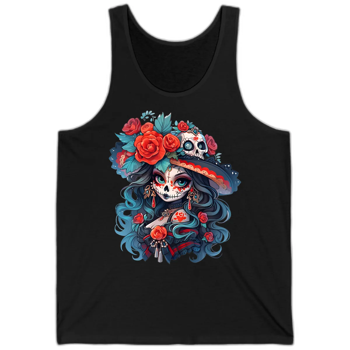 Calavera Empress with Roses and Skull Hat Tank in Black
