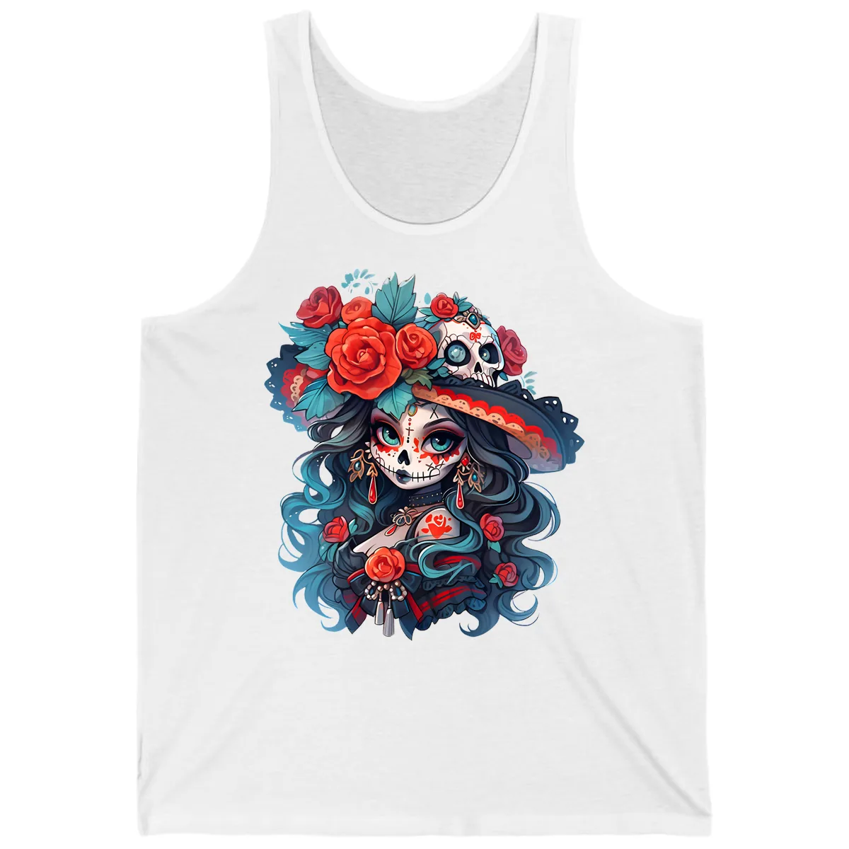 Calavera Empress with Roses and Skull Hat Tank in White
