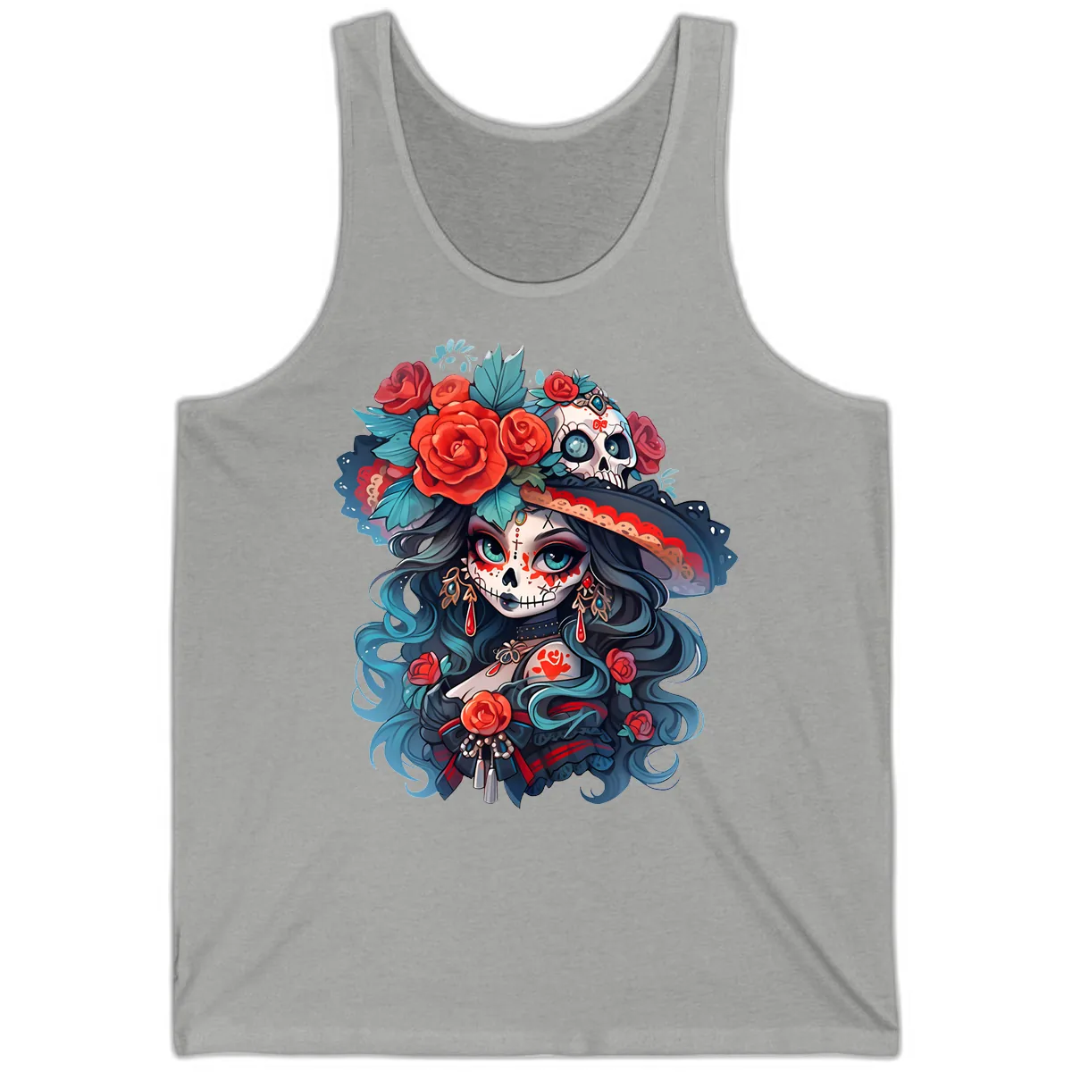 Calavera Empress with Roses and Skull Hat Tank in Athletic Heather
