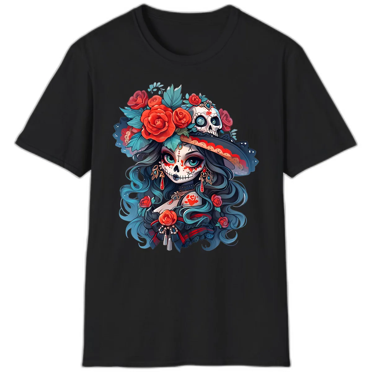 Calavera Empress with Roses and Skull Hat T-Shirt in Black