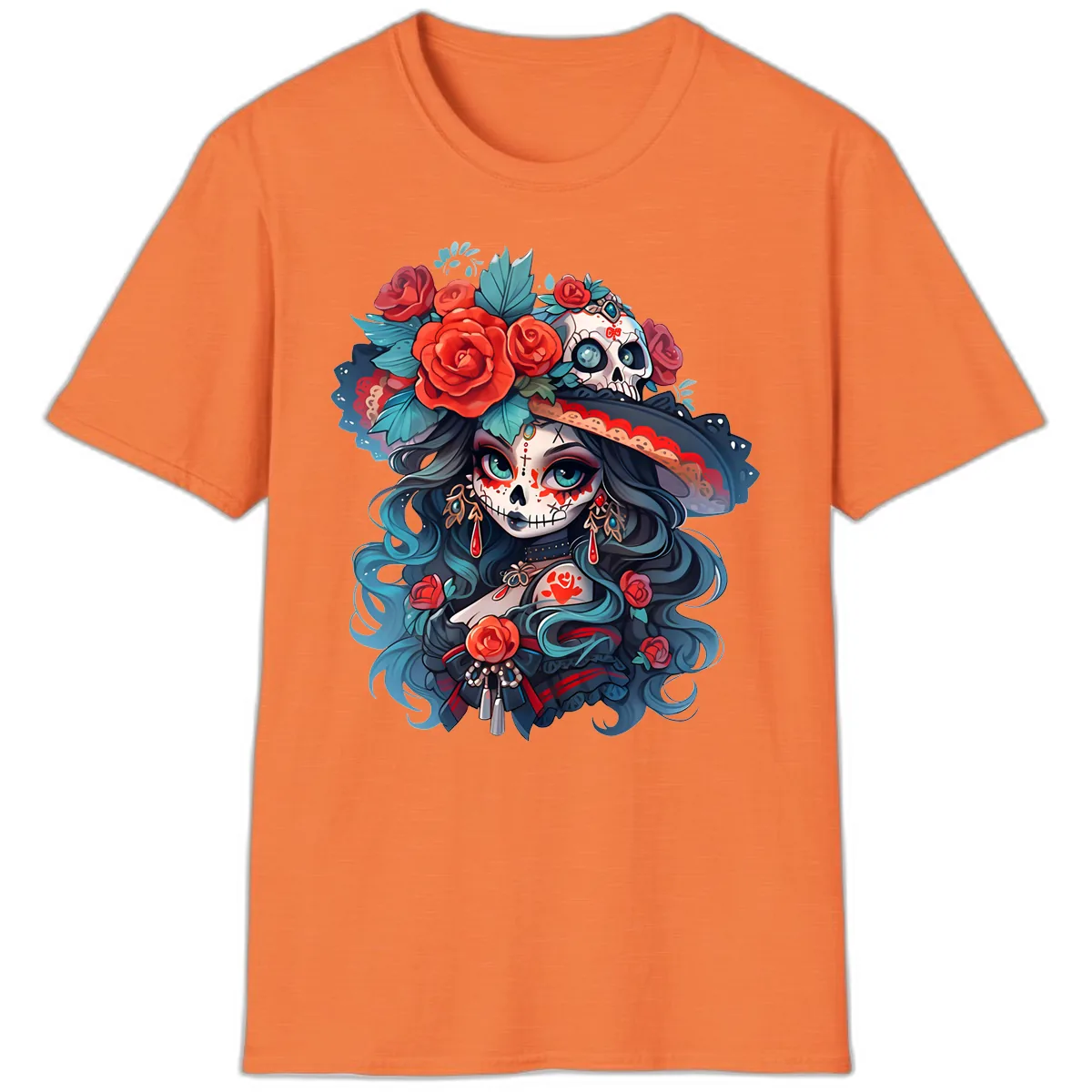 Calavera Empress with Roses and Skull Hat T-Shirt in Heather Orange