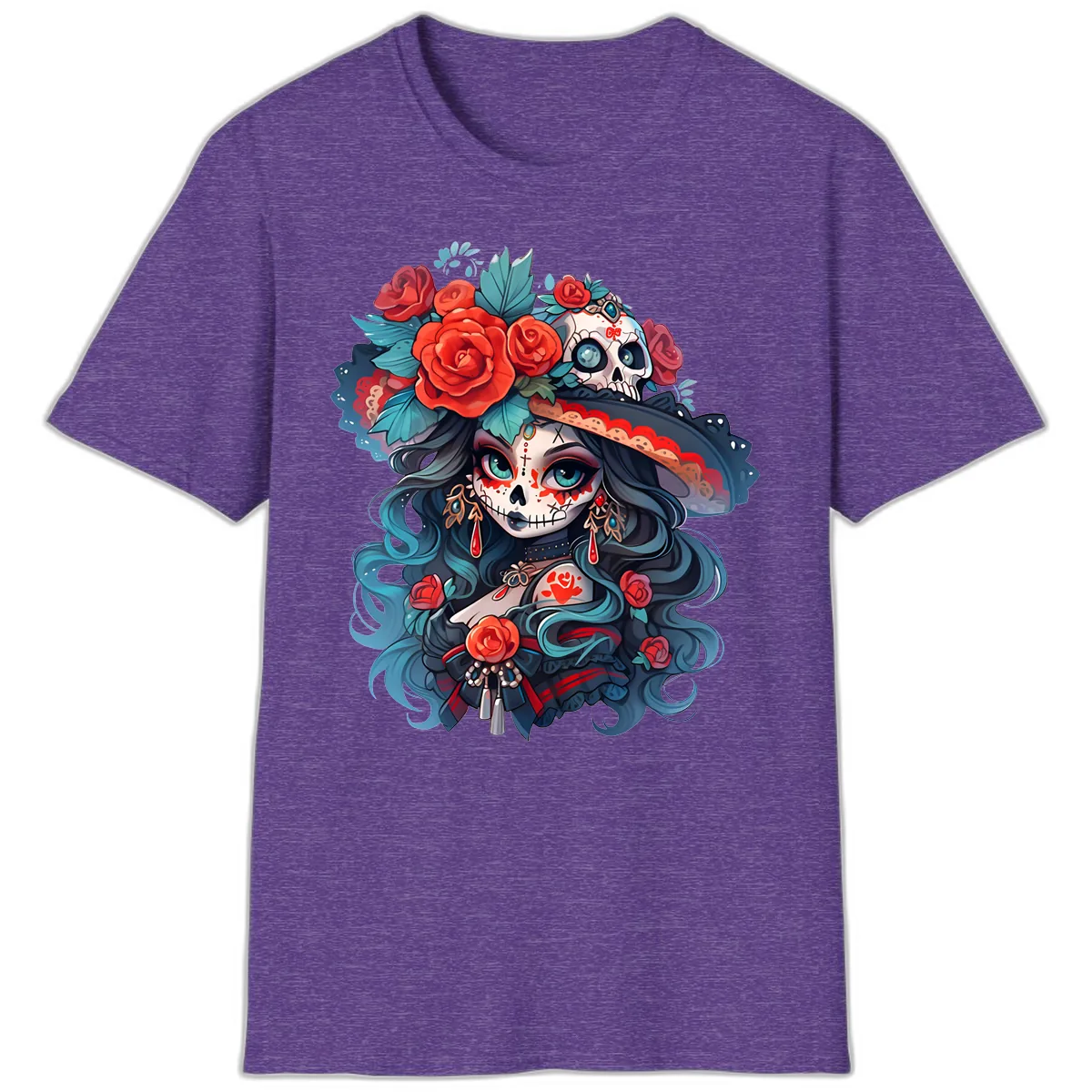Calavera Empress with Roses and Skull Hat T-Shirt in Heather Purple