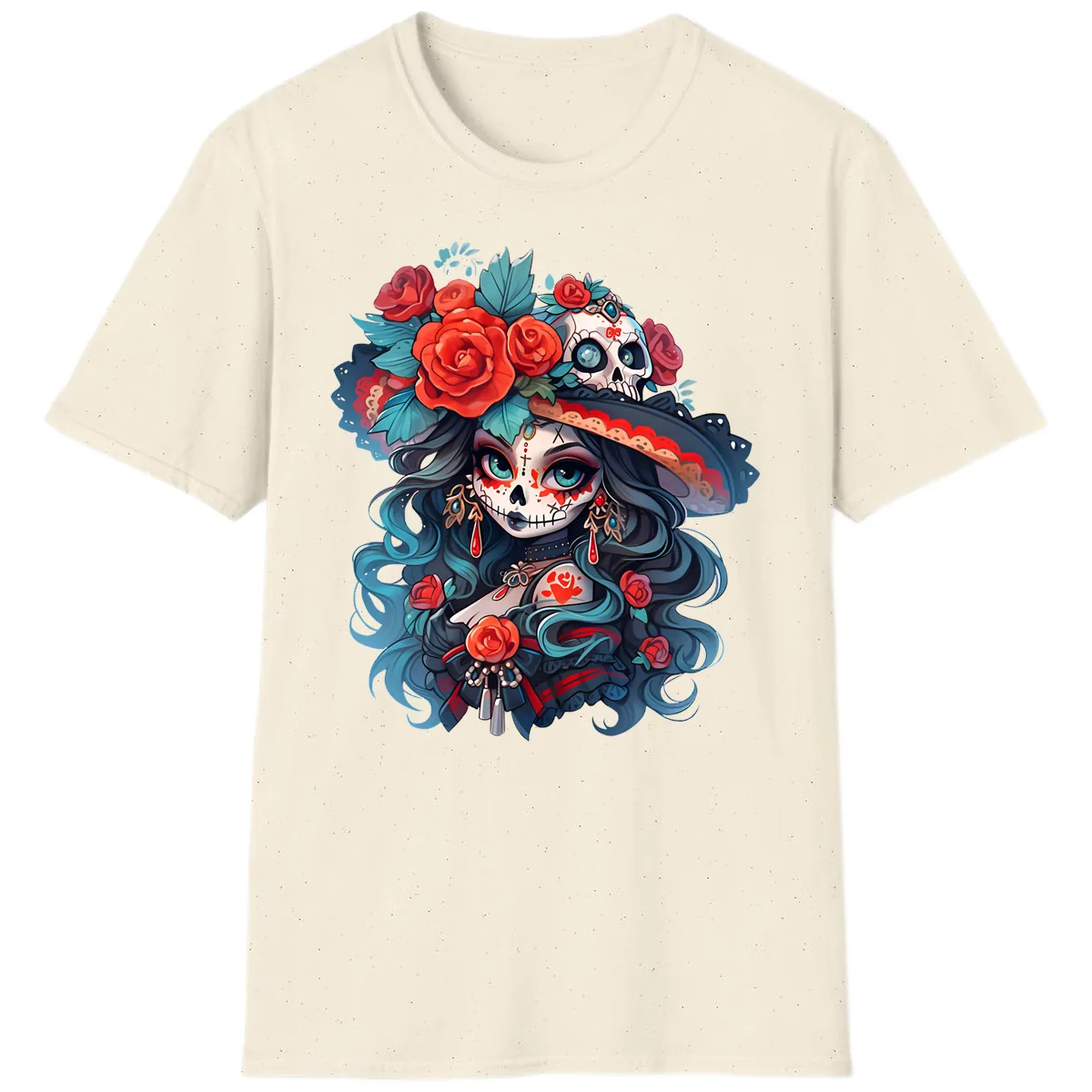 Calavera Empress with Roses and Skull Hat T-Shirt in Natural