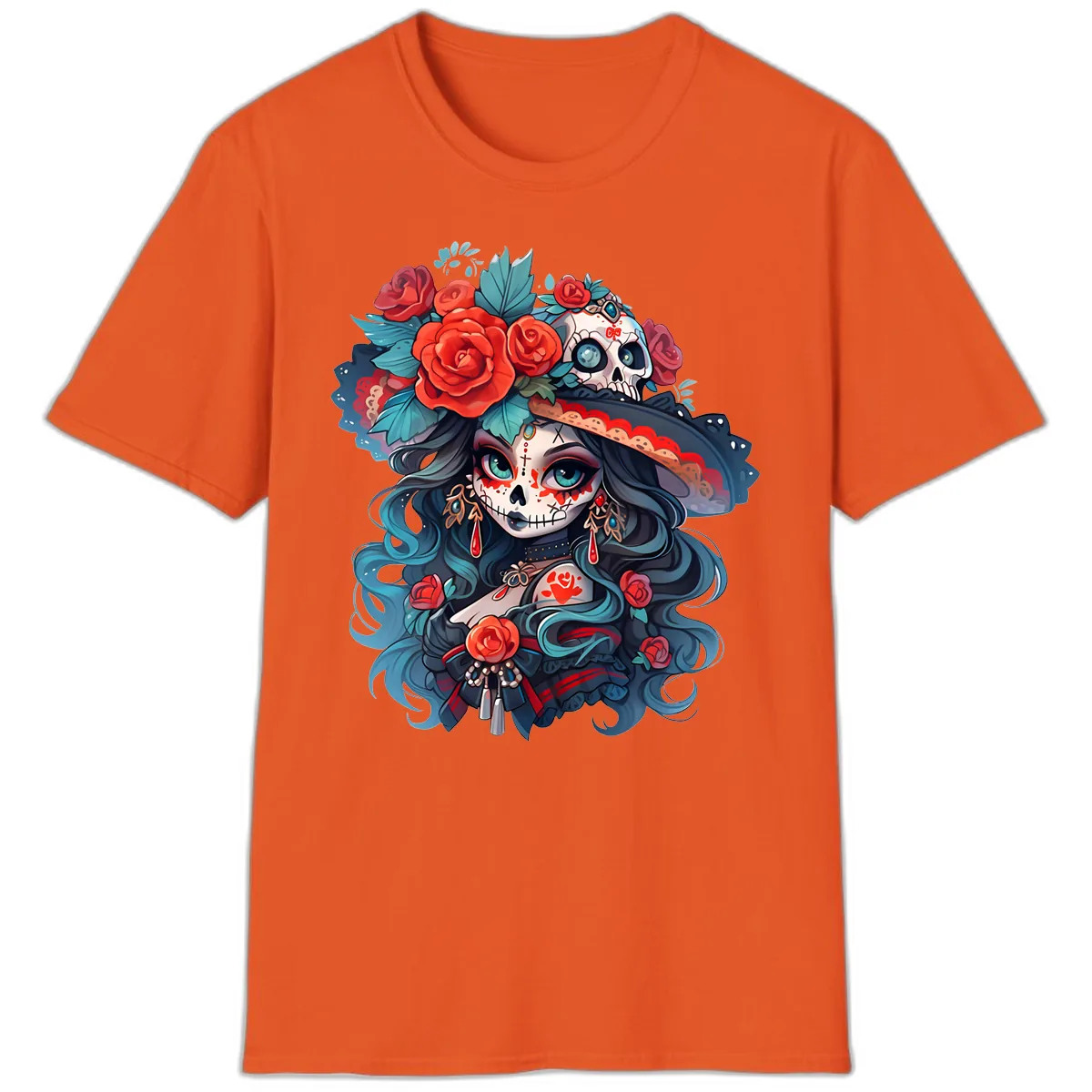 Calavera Empress with Roses and Skull Hat T-Shirt in Orange