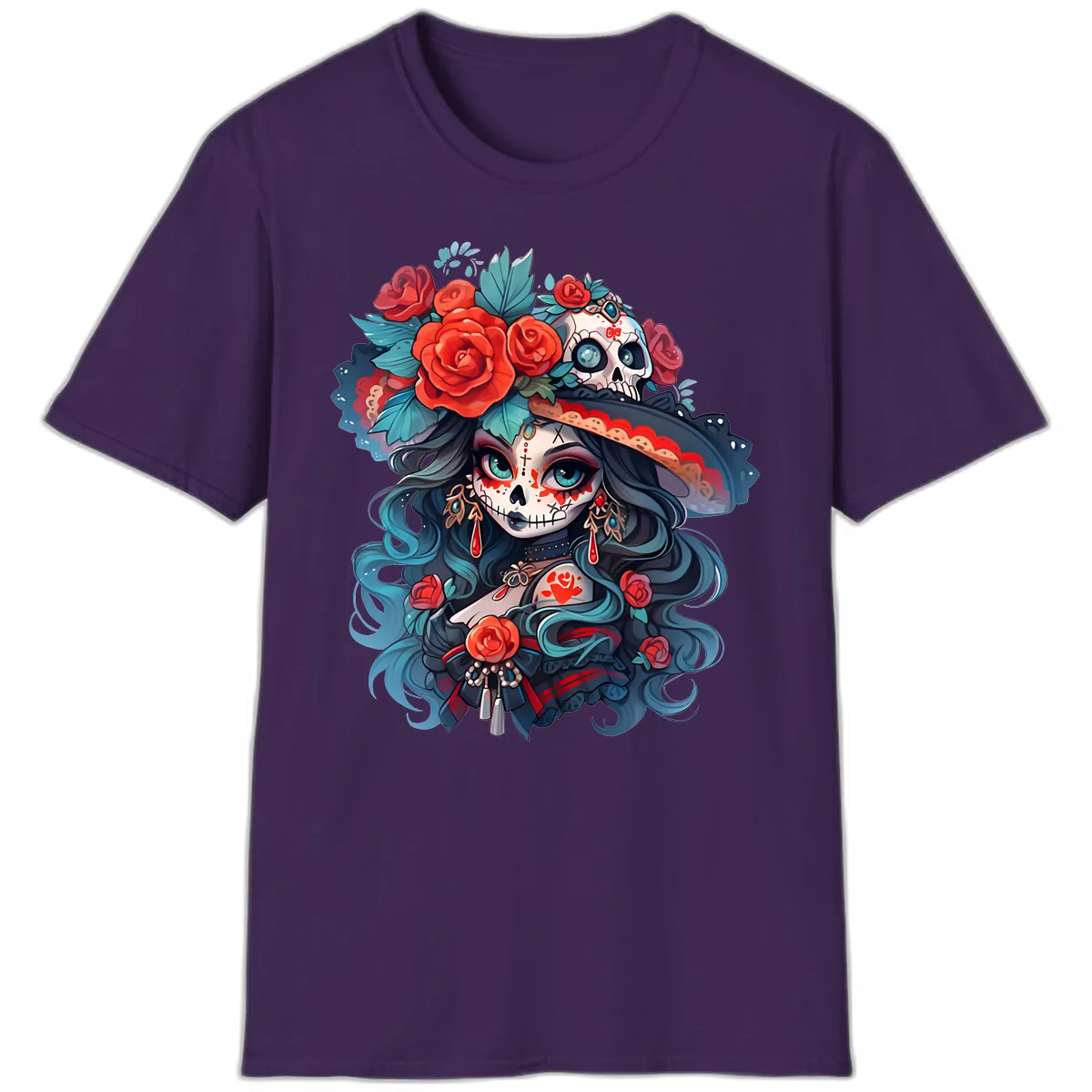 Calavera Empress with Roses and Skull Hat T-Shirt in Purple