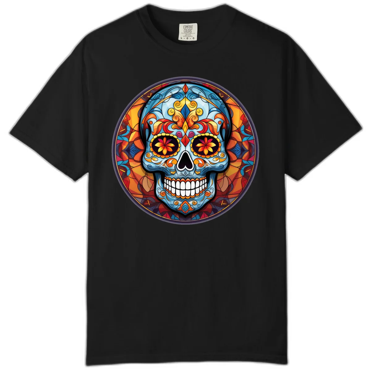 Vibrant Stained Glass Sugar Skull Calavera Comfort Color in Black