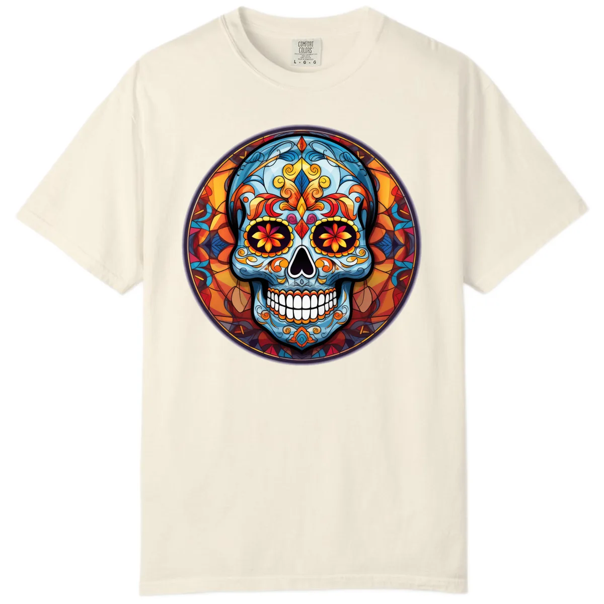 Vibrant Stained Glass Sugar Skull Calavera Comfort Color in Ivory