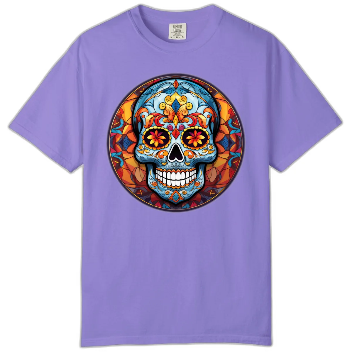 Vibrant Stained Glass Sugar Skull Calavera Comfort Color in Violet