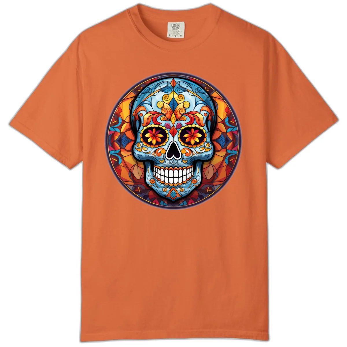Vibrant Stained Glass Sugar Skull Calavera Comfort Color in Burnt Orange