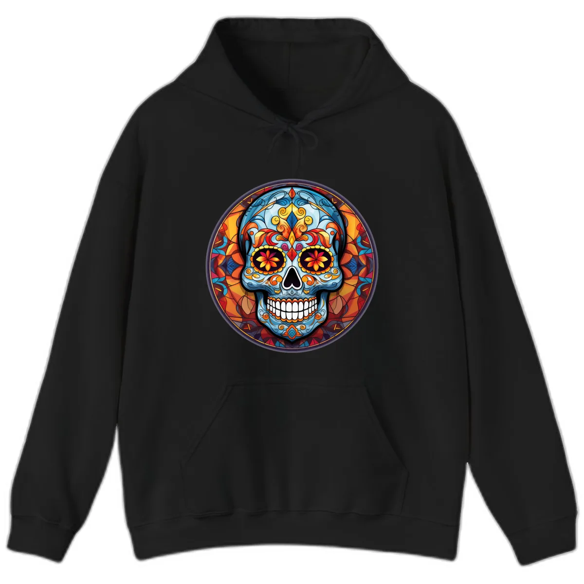 Vibrant Stained Glass Sugar Skull Calavera Hoodie in Black