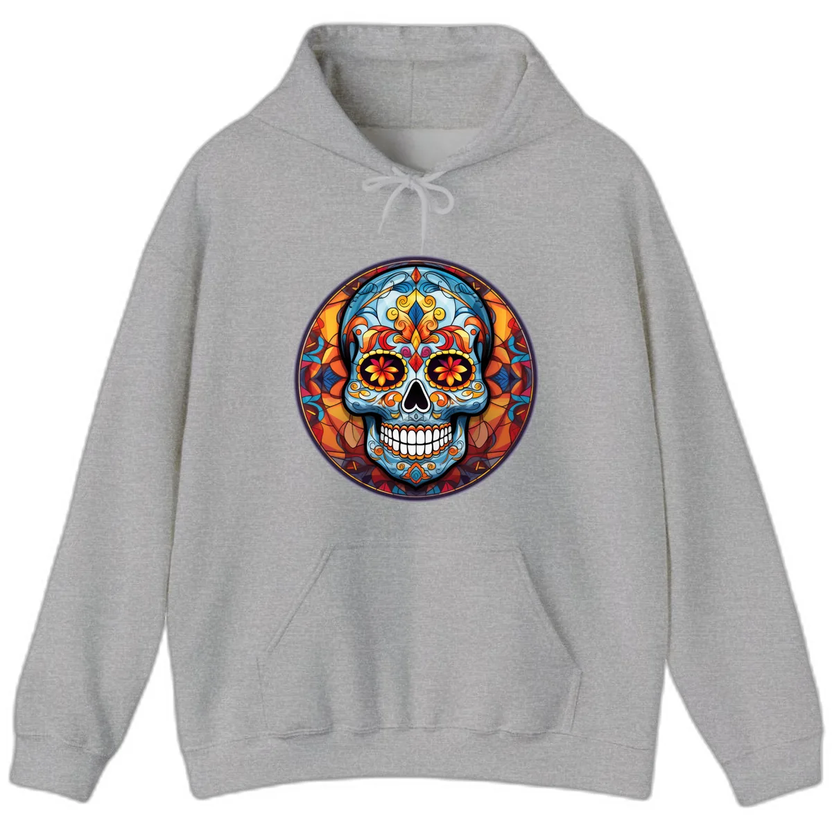 Vibrant Stained Glass Sugar Skull Calavera Hoodie in Sport Grey