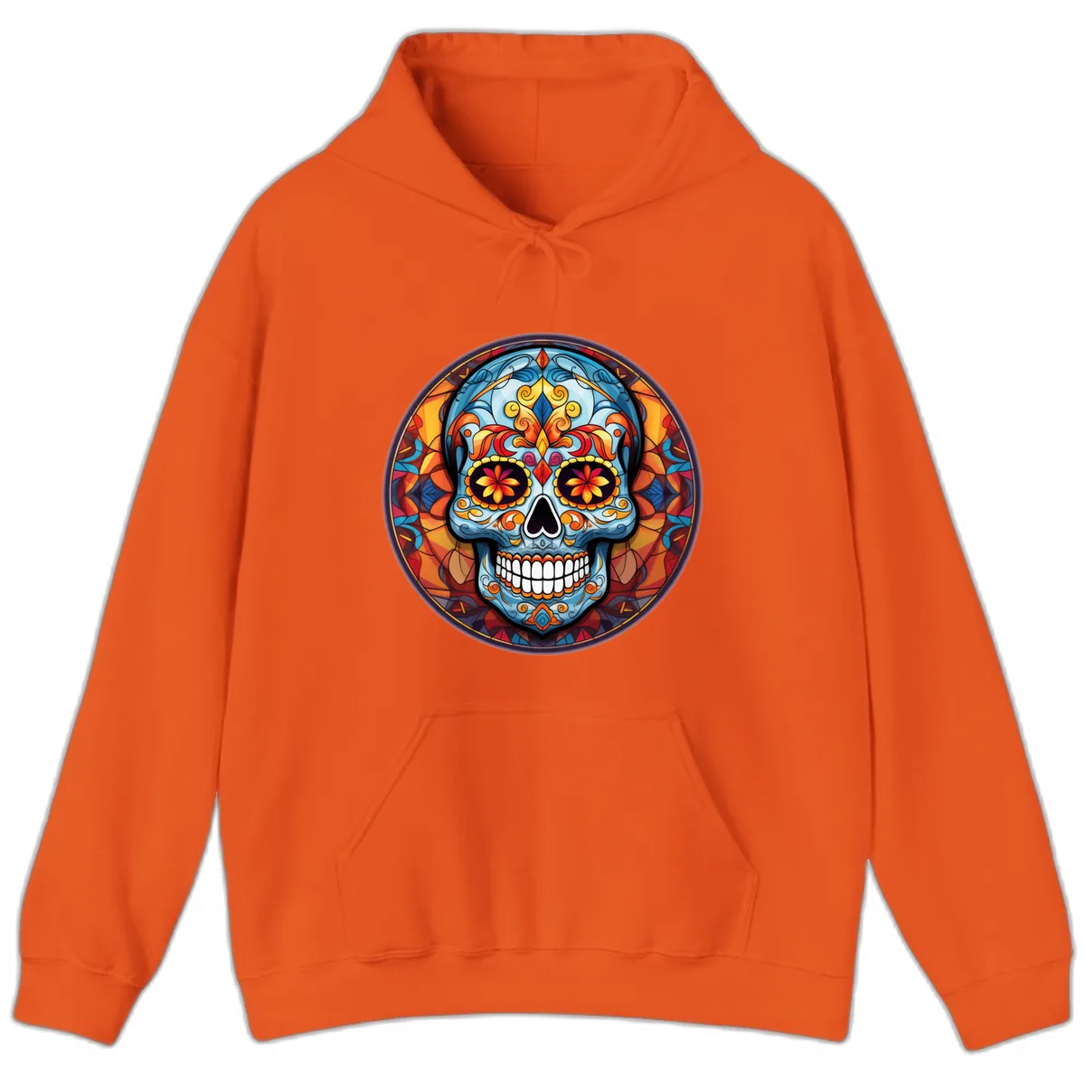 Vibrant Stained Glass Sugar Skull Calavera Hoodie in Orange