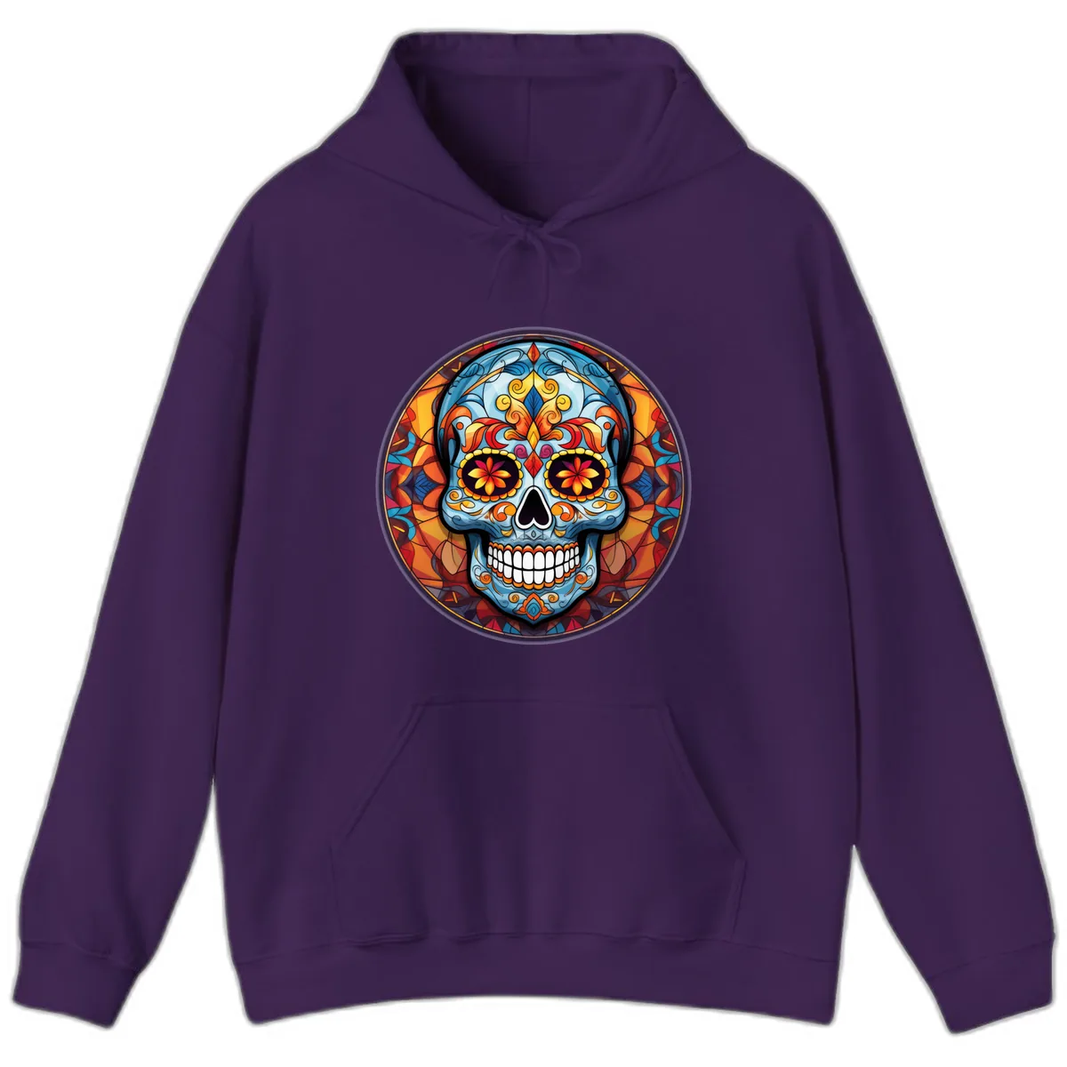 Vibrant Stained Glass Sugar Skull Calavera Hoodie in Purple