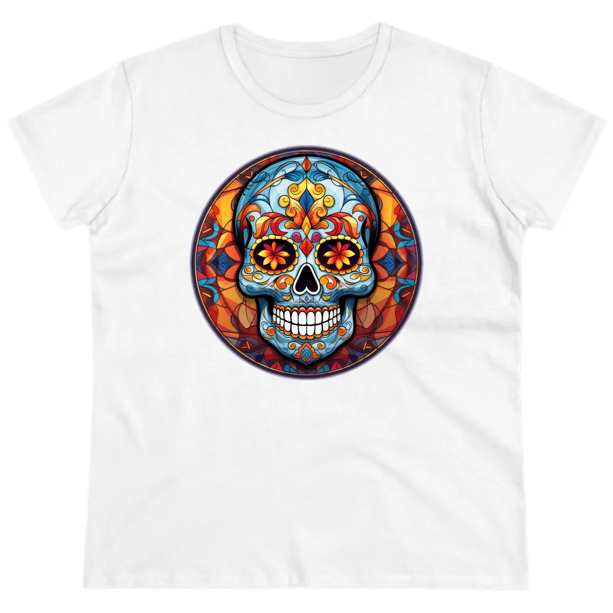 Vibrant Stained Glass Sugar Skull Calavera Ladies Tee in White