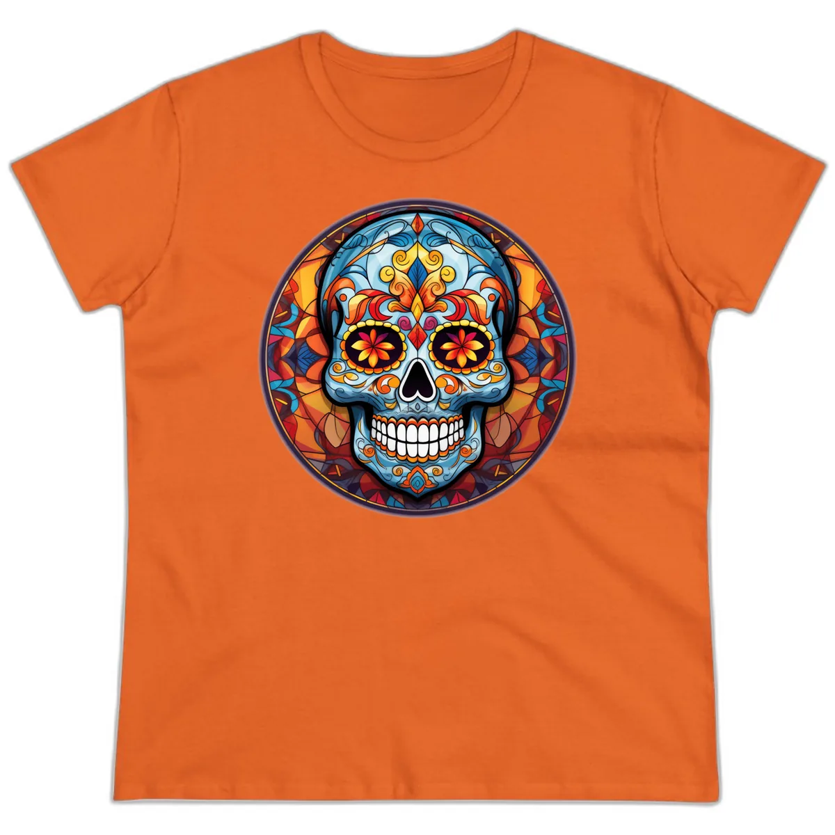 Vibrant Stained Glass Sugar Skull Calavera Ladies Tee in Orange