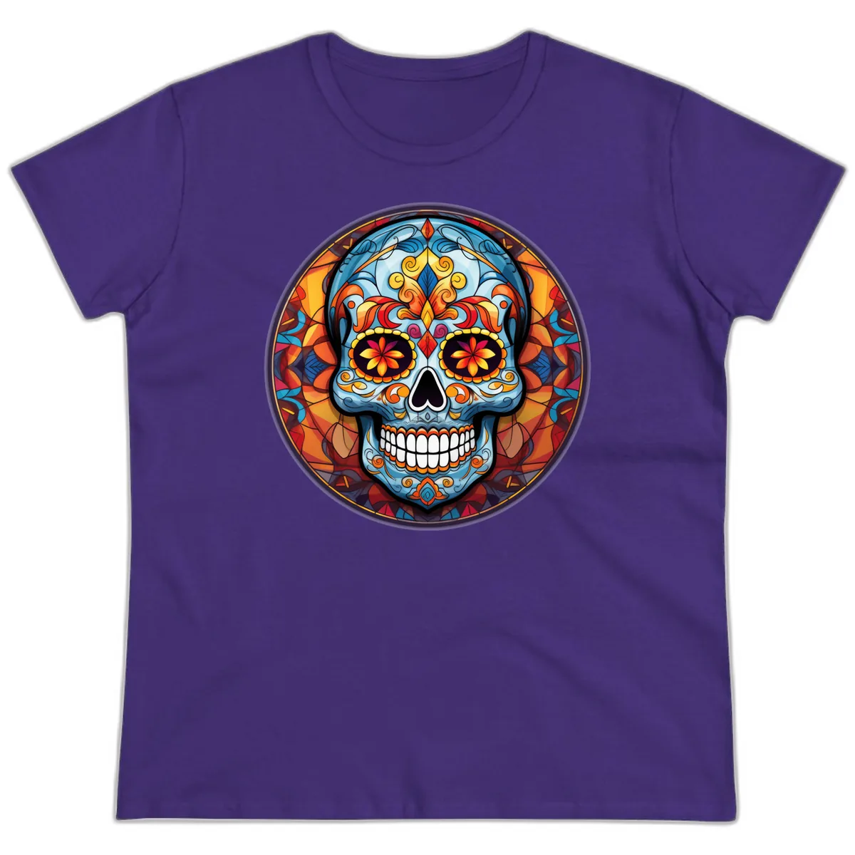 Vibrant Stained Glass Sugar Skull Calavera Ladies Tee in Purple