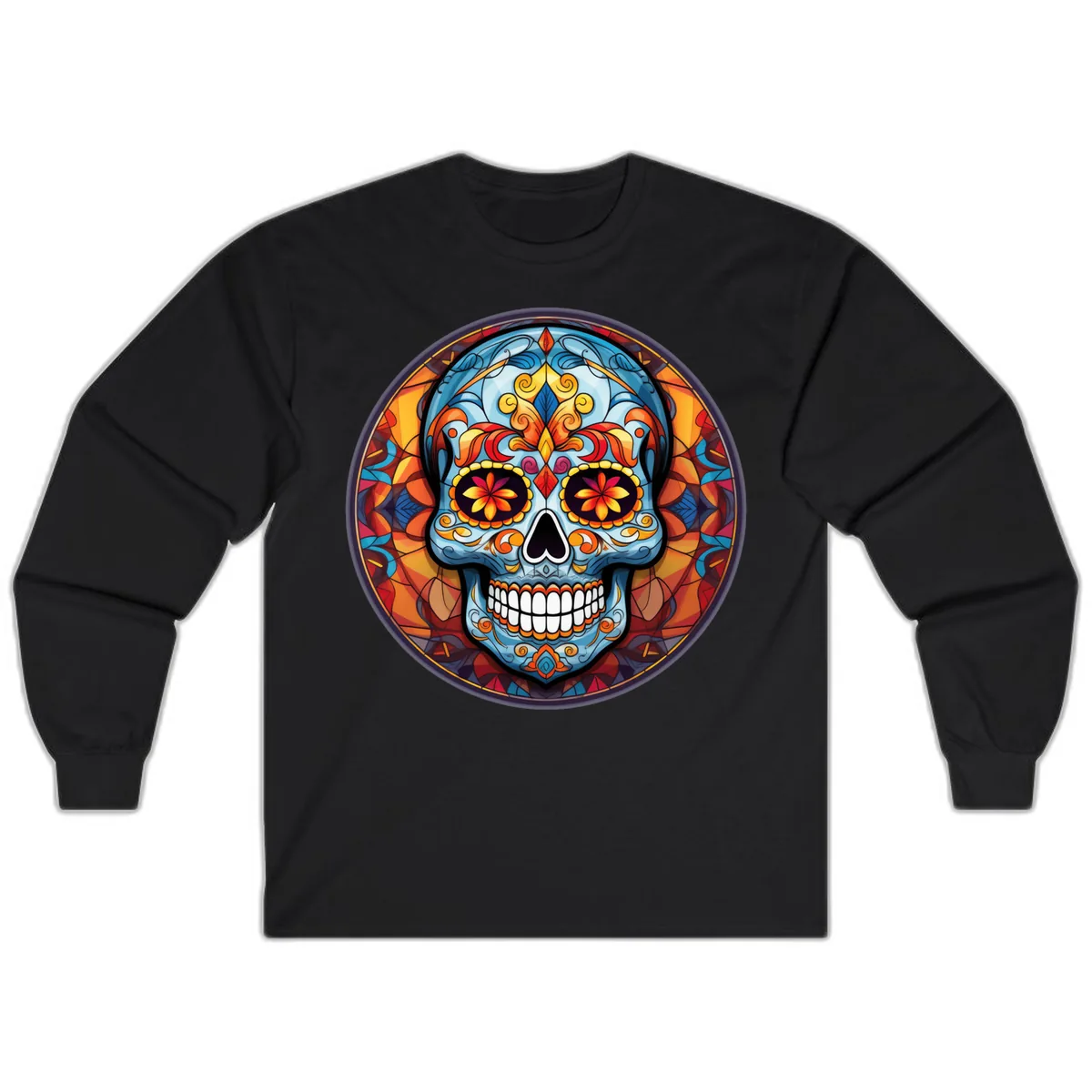 Vibrant Stained Glass Sugar Skull Calavera Long Sleeve in Black