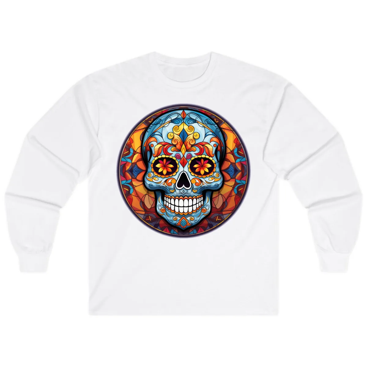 Vibrant Stained Glass Sugar Skull Calavera Long Sleeve in White