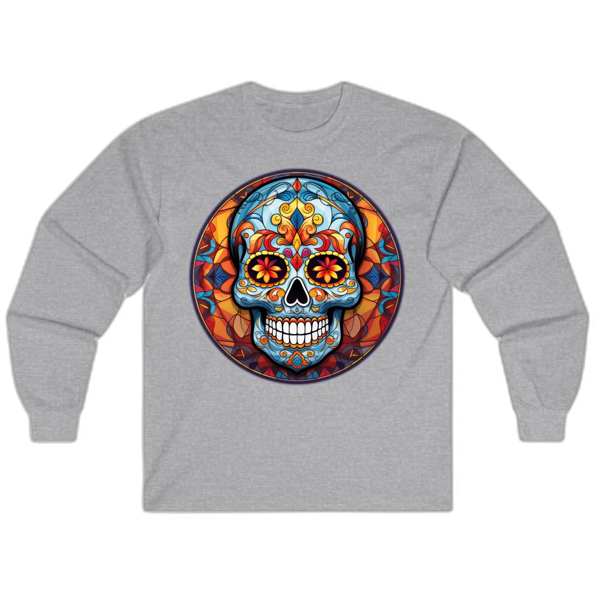 Vibrant Stained Glass Sugar Skull Calavera Long Sleeve in Sport Grey