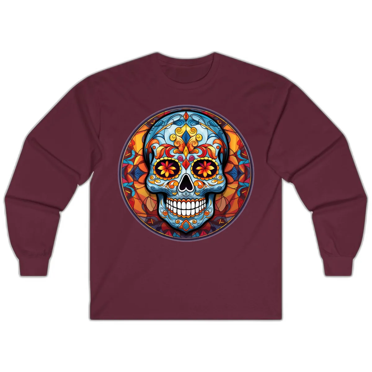 Vibrant Stained Glass Sugar Skull Calavera Long Sleeve in Maroon