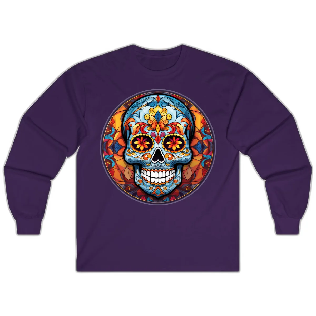 Vibrant Stained Glass Sugar Skull Calavera Long Sleeve in Purple