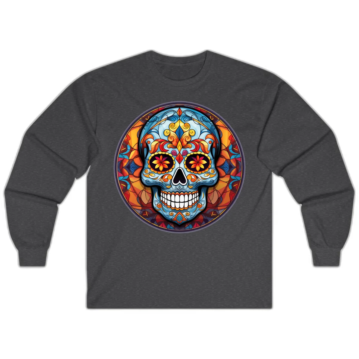 Vibrant Stained Glass Sugar Skull Calavera Long Sleeve in Dark Heather