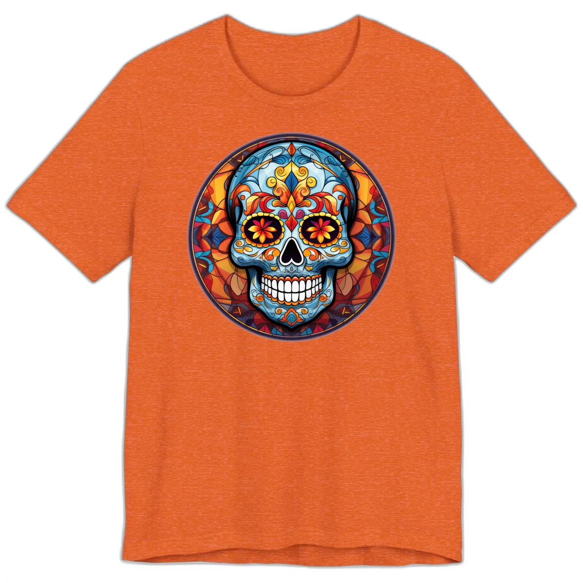 Vibrant Stained Glass Sugar Skull Calavera Premium T-Shirt in Heather Orange
