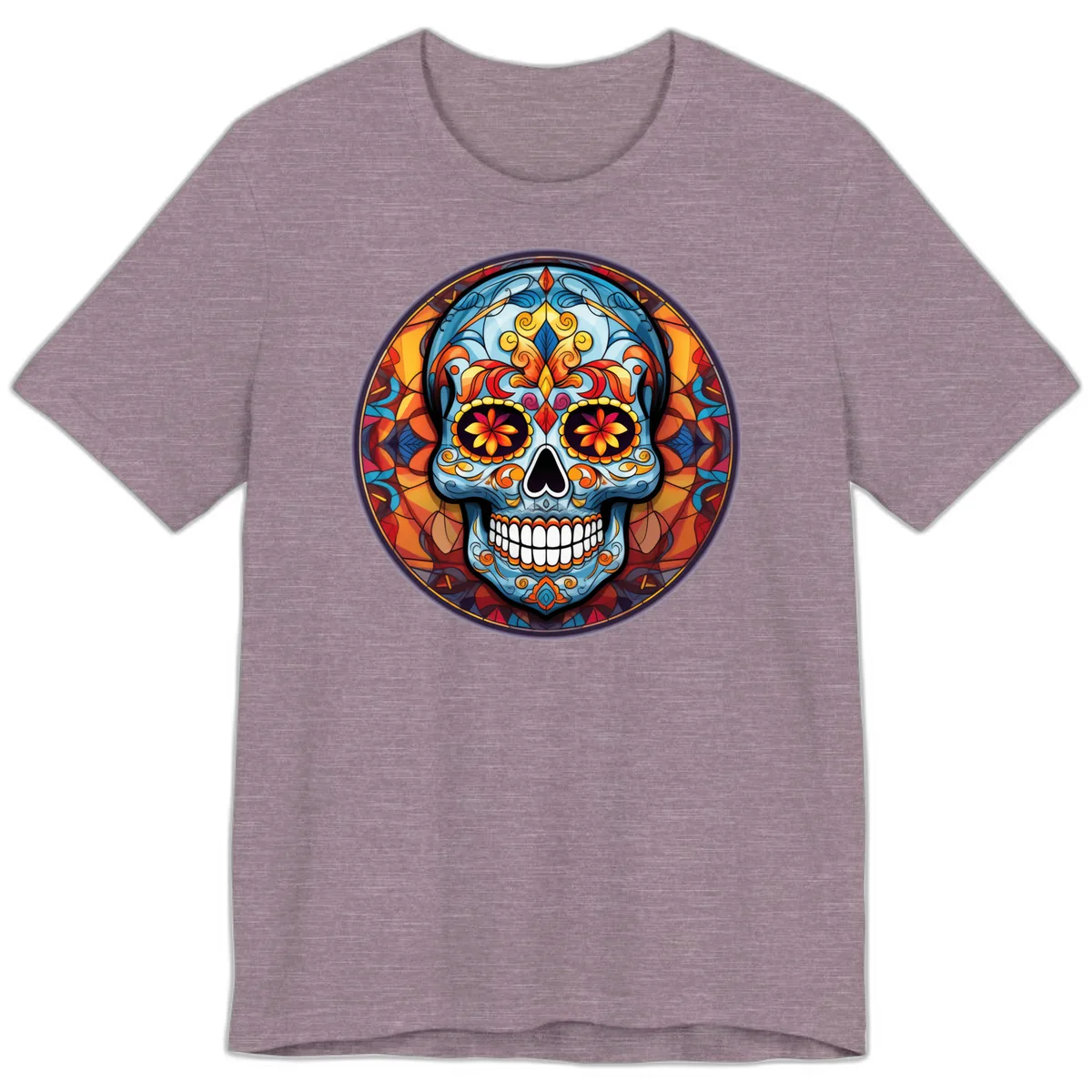 Vibrant Stained Glass Sugar Skull Calavera Premium T-Shirt in Heather Purple