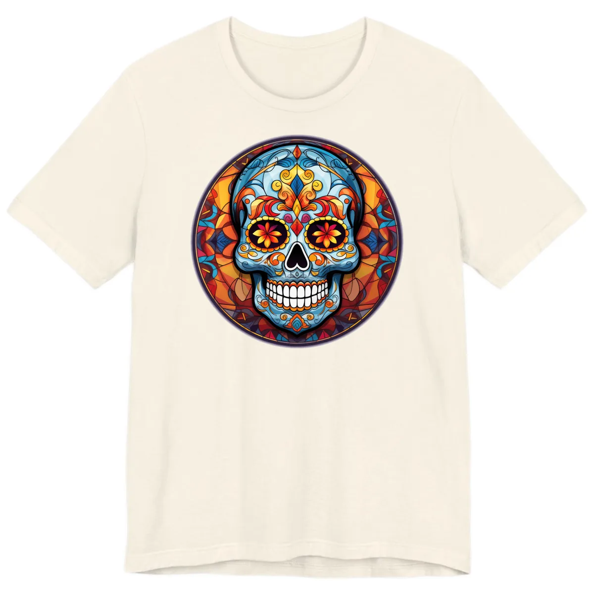 Vibrant Stained Glass Sugar Skull Calavera Premium T-Shirt in Natural