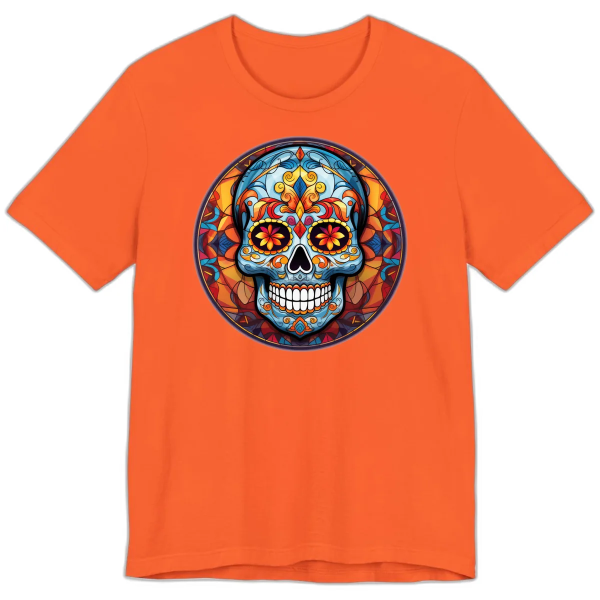 Vibrant Stained Glass Sugar Skull Calavera Premium T-Shirt in Orange