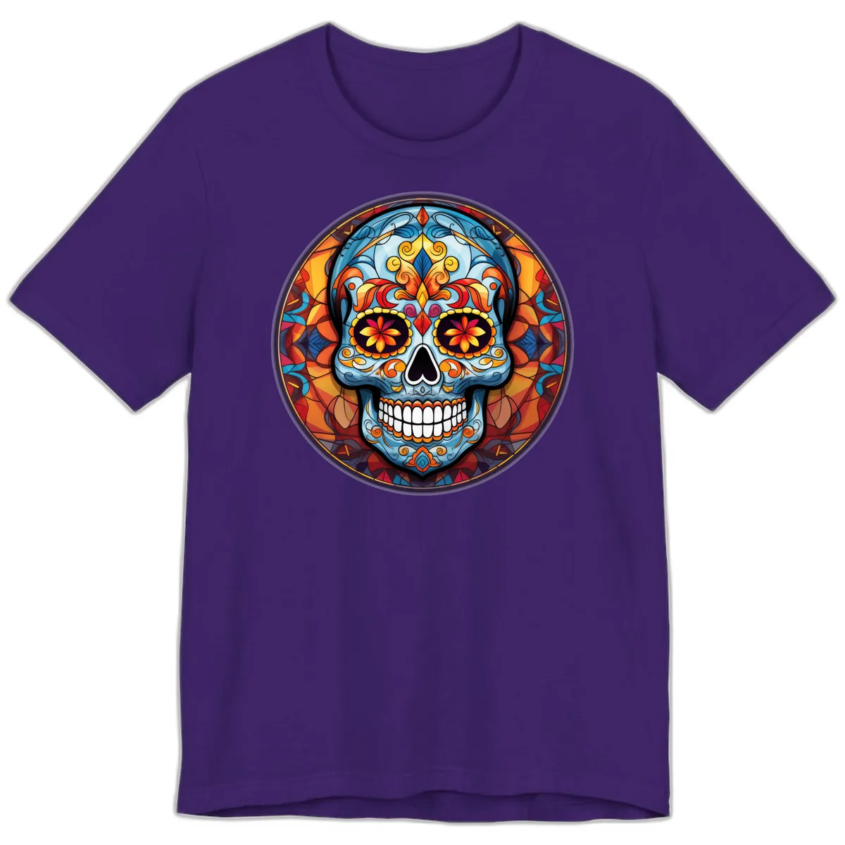 Vibrant Stained Glass Sugar Skull Calavera Premium T-Shirt in Team Purple