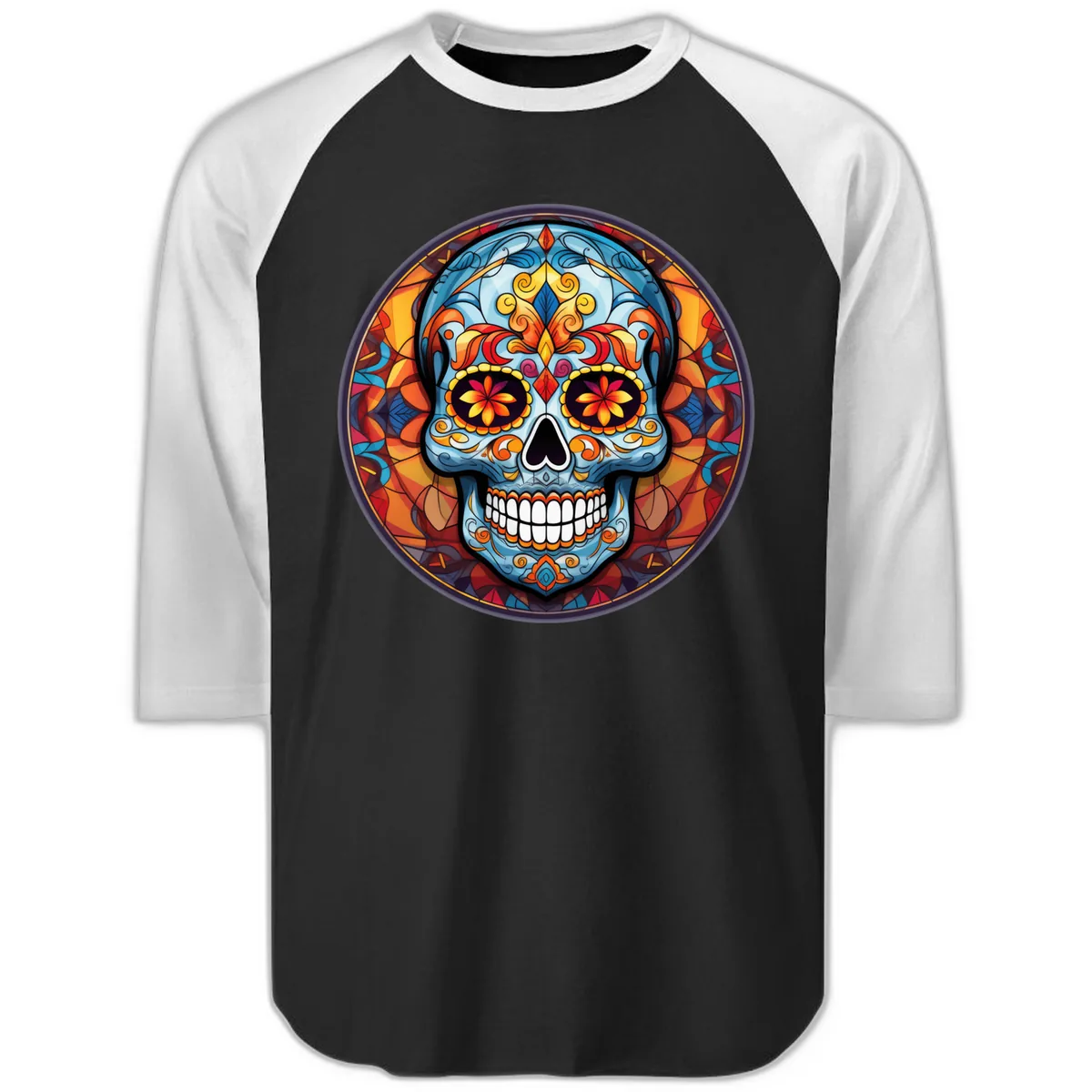 Vibrant Stained Glass Sugar Skull Calavera Raglan 3/4 in Black White