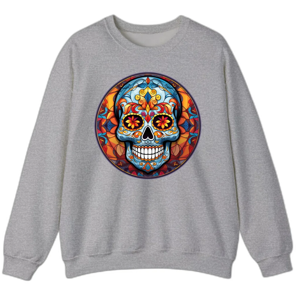 Vibrant Stained Glass Sugar Skull Calavera Sweatshirt in Sport Grey