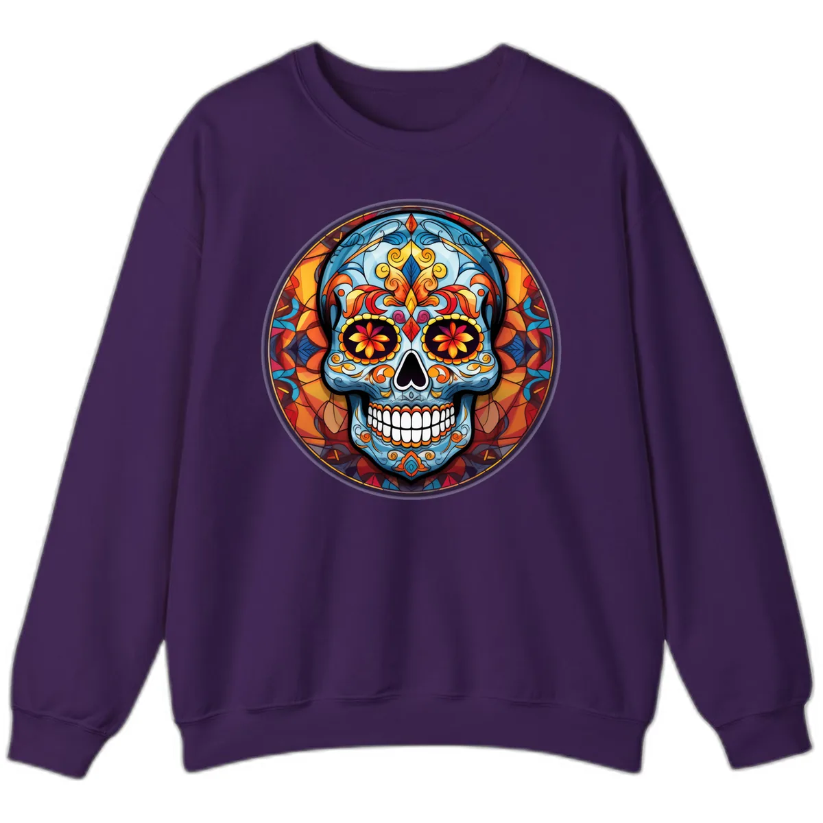 Vibrant Stained Glass Sugar Skull Calavera Sweatshirt in Purple
