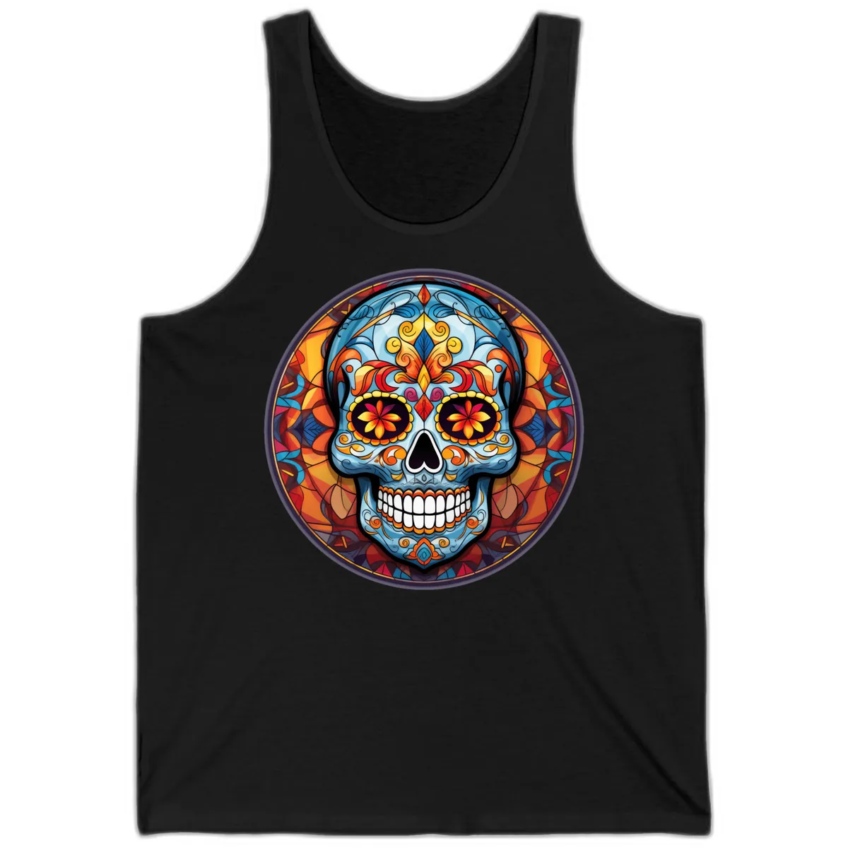 Vibrant Stained Glass Sugar Skull Calavera Tank in Black